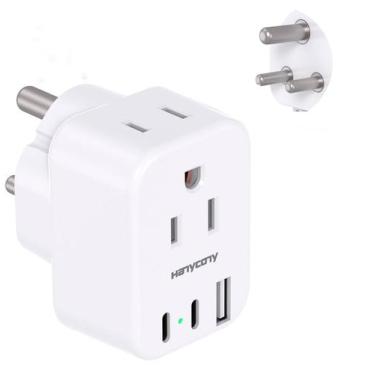 Imagem de Adaptador de tomada de viagem HANYCONY tipo M com 2 portas AC 3 USB
