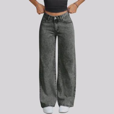 Imagem de Calça Jeans Feminina Wide Leg Pantalona Cinza Grafite 100% Jeans Não E