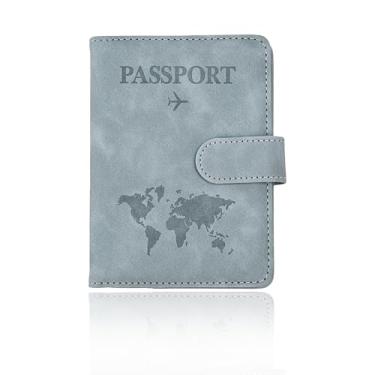 Imagem de Suporte de passaporte para viagem, carteira de passaporte com bloqueio de RFID, capa de passaporte RFID, porta-livros de passaporte, carteira de viagem para mulheres e homens, Azul claro, Fecho