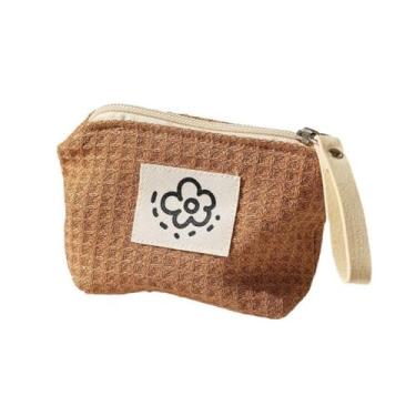 Imagem de Mini bolsa de moedas de desenho animado com estampa floral, bolsa portátil para batom/cosméticos, fone de ouvido e organizador de cabos, Marrom