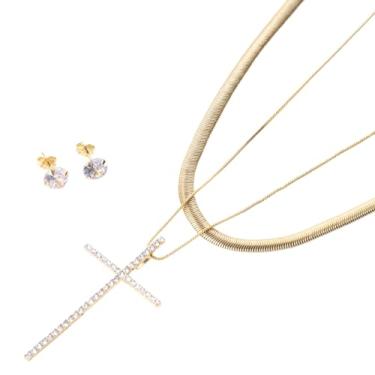 Imagem de Brincos Ponto de Luz Choker e Colar Crucifixo Zircônia Cristal Semijoia Devoção Folheada a Ouro 18k