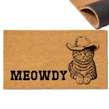 Imagem de Assaoy MEOWDY Tapete de porta de gato caubói tapete de porta externo entrada externa, capacho engraçado gato preto em chapéu de cowboy tapete de porta de boas-vindas com suporte resistente, interior