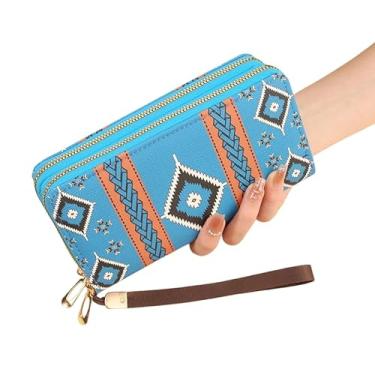 Imagem de Wristlet Western Wallet Boho Astec porta-cartão de crédito para mulheres decoração ocidental segurando uma carteira, Azul claro, Oeste