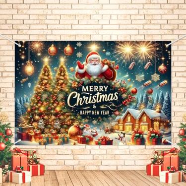 Imagem de Faixa de fundo Feliz Natal e Feliz Ano Novo, presente de Natal, tema de Papai Noel, decoração de fundo para casa, quintal, jardim, festival, férias, festa de ano novo, suporte para fotografia 183 x