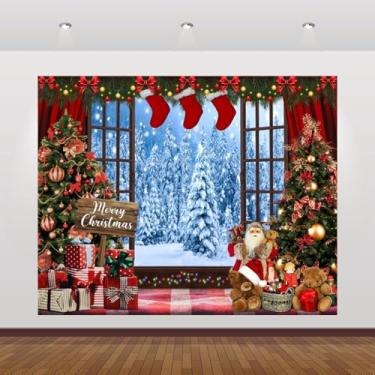 Imagem de Pano de fundo de Natal para fotografia 3 x 2,4 m, cenário de inverno, janela, cenário de neve, fundo de floresta, cortina vermelha, cenários de árvore de Natal, faixa de decoração de festa de feliz