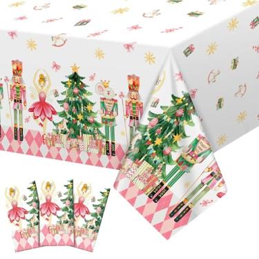 Imagem de Hahafelt Pacote com 3 toalhas de mesa de Natal 137 x 272 cm, quebra-nozes descartáveis, de plástico, toalha de mesa retangular para árvore de Natal, decoração à prova d'água para decoração de festa de