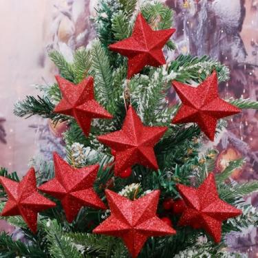 Imagem de Pingente de estrela com glitter de 5 cm para pendurar árvore de Natal enfeite de estrela de cinco pontas artesanato festa de aniversário decoração de casa, 6 peças (vermelho)