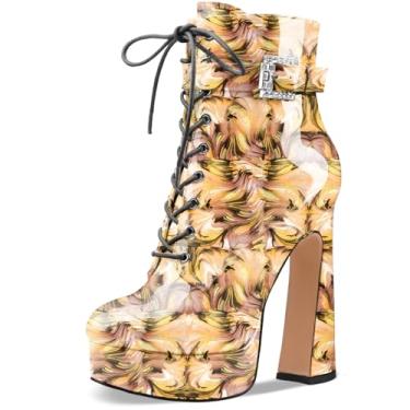 Imagem de Perisis Bota feminina preta de cano curto plataforma com cadarço salto alto grosso fechado bico redondo com zíper lateral e fivela de alça para mulheres sexy e fofas, Patente de flor amarela, 34