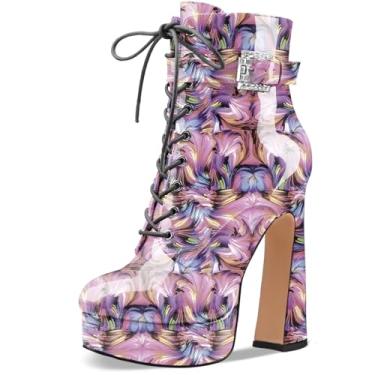 Imagem de Perisis Bota feminina preta de cano curto plataforma com cadarço salto alto grosso fechado bico redondo com zíper lateral e fivela de alça para mulheres sexy e fofas, Patente flor-roxa, 42