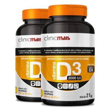 Imagem de Kit 2 Vitamina D3 2000 U.i 500mg Clinicmais 30 Cápsulas