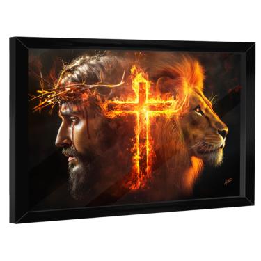 Imagem de Quadro Decorativo Jesus, Cruz e Leão Fogo