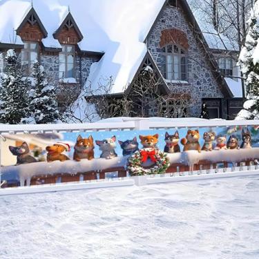 Imagem de HOMETITUTE 299,7 x 50,8 cm Faixa Feliz Natal para cães e gatos com grinalda de animais de estimação festiva cena de neve cerca varanda parede decoração de festa para inverno, interior, exterior