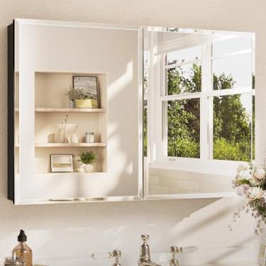 Imagem de TETOTE Armário de espelho de banheiro 91 x 61 cm com espelho chanfrado temperado armário de remédios preto dobradiças DTC, prateleiras ajustáveis contínuas, embutidas/montadas na superfície
