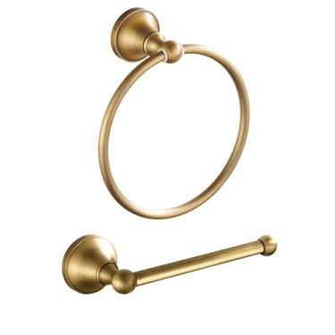Imagem de AIRBATH Suporte de papel higiênico de latão antigo, anel de toalha de latão, suporte de toalha de mão de latão antigo, suporte de rolo de papel higiênico, 2 peças, acessórios de banho para pendurar na