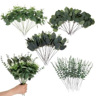 Imagem de 100 peças, 4 tipos de hastes de eucalipto falsas mistas, hastes artificiais de eucalipto de dólar prata a granel, hastes verdes de vegetação sintética para vasos de casamento, buquês de arranjos