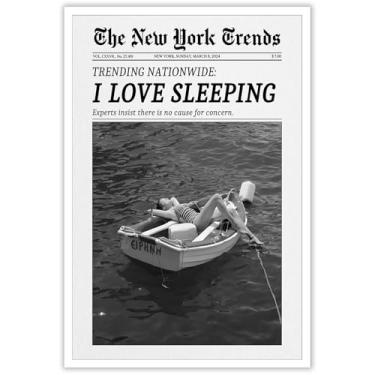 Imagem de Arte de parede em tela de jornal preto e branco na moda decoração de parede de jornal I Love Sleeping Retro Feminist Magazine Poster Vintage Bar Cart Print For Living Room Home Bedroom Dorm Decor 30 x