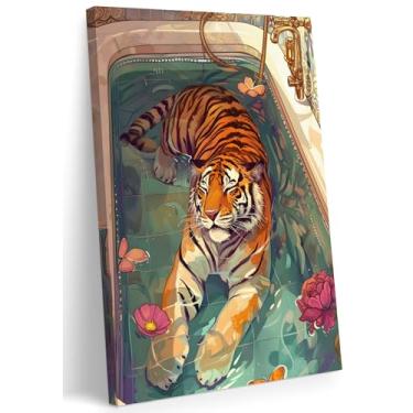 Imagem de FWAHREN Arte de parede de banheiro engraçada tigre na banheira, arte eclética com estampa de animal fofo, estampa de arte em tela, coquete divertido emoldurado, feminino, rosa, banheiro, decoração de