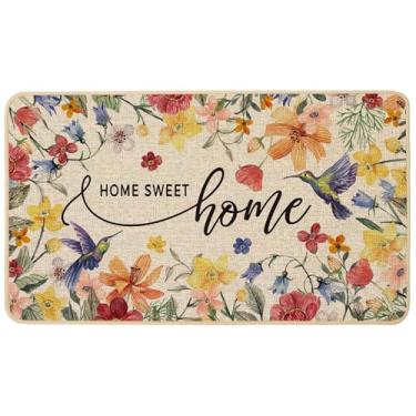 Imagem de Baccessor Home Sweet Home Capacho de boas-vindas floral ao ar livre, primavera, verão, beija-flor, tapete de porta discreto antiderrapante de borracha para entrada, decoração sazonal, 43 x 73 cm