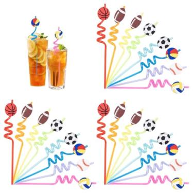 Imagem de Canudos esportivos reutilizáveis com 24 peças, canudos com tema de futebol, canudos esportivos de bola, lembrancinhas de festa, canudos temáticos de festas de plástico para aniversários, celebrações e