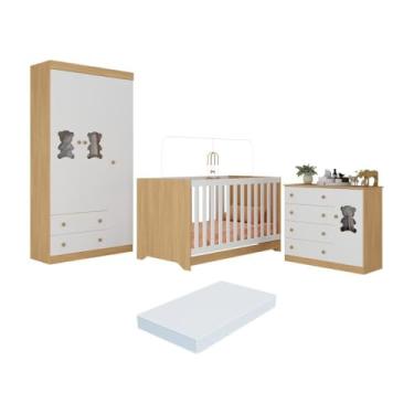 Imagem de Quarto de Bebê Completo com Berço Americano 3 em 1 Colchão Teddy Multimóveis Mp4668 Madeirado/branco