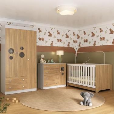 Imagem de Quarto de Bebê Completo com Berço Americano 3 em 1 Pirulito Multimóveis Mp4621 Branco/madeirado
