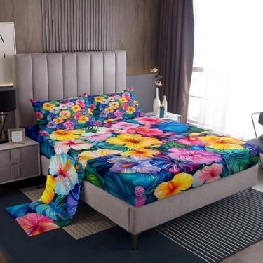 Imagem de Erosebridal Jogo de lençol solteiro com flores de hibisco, plantas tropicais, para crianças, meninos, meninas, colorido, botânico, floral, verão, Havaí, 1 lençol com elástico, 1 lençol de cima e 1