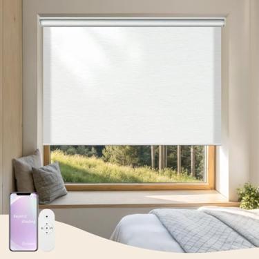 Imagem de Heefen Persianas motorizadas com controle remoto de aplicativo, cortinas de rolo de filtragem de luz para janelas internas (jacquard branco, 61 cm L x 182 cm A)