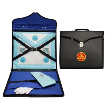 Imagem de MASONS & REENACTMENT HUB Estojo para avental e colar de corrente – Royal Arch Triple Tau bordado à mão | Bolsa de imitação de couro para regalia maçônica com alça dura, trava e bolso interno - MM/WM