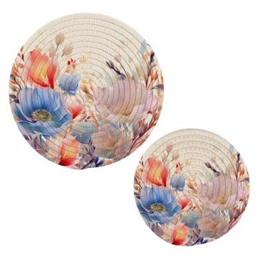 Imagem de Blueangle 2 peças de suporte de panela de flores em aquarela - conjunto de pegadores de panela de tecido redondo - almofadas quentes trançadas de algodão - porta-copos - tapetes de mesa para cozinhar
