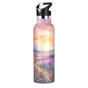 Imagem de Blueangle Garrafa de água de 590 ml com canudo - Garrafa de água esportiva de aço inoxidável sem BPA, pôr do sol à prova de vazamento em um design de campo roxo para academia, atividades ao ar livre