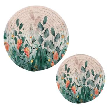 Imagem de Blueangle 2 peças de suporte de panela de flores em aquarela - conjunto de pegadores de panela de tecido redondo - almofadas quentes trançadas de algodão - porta-copos - tapetes de mesa para cozinhar