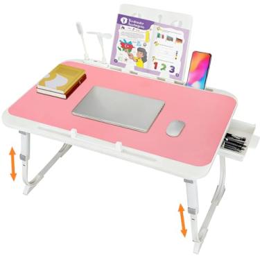 Imagem de Mesa dobrável para laptop com alça - porta de carregamento USB, compartimento para cartão de mesa, gaveta lateral - portátil para comer, ler e trabalhar (rosa claro)