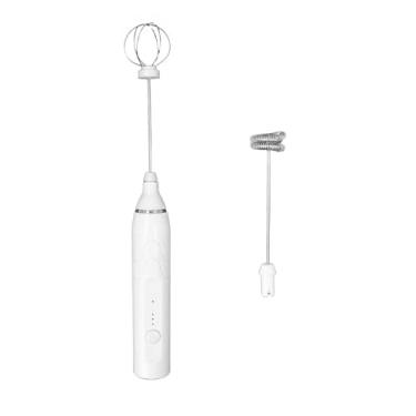 Imagem de Misturador Elétrico USB 2 em 1, Batedor de Bebidas em Aço Inoxidável e Plástico, Branco, 31cm, Para Café, Leite, Cappuccino, Milk Shake com Batedor Espiral e Fouet