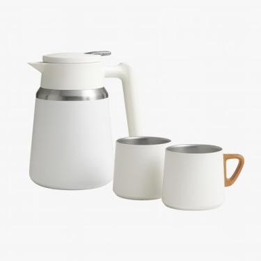 Imagem de Garrafa Térmica Inox com 2 Xícaras, 1000ml, Aço Inoxidável 304/201, Alça de Madeira, Base Antiderrapante, Kit para Café e Chá (Branco)