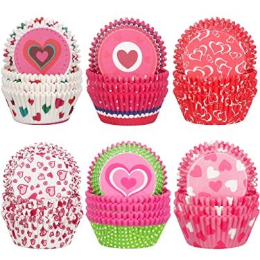 Imagem de 600 peças de forros de cupcake para o dia dos namorados, forros de copos de cozimento de coração, papel artesanal, forros de cupcake com padrão de coração, copos descartáveis de papel para casamento, aniversário, festa, chá de bebê, multicolorido