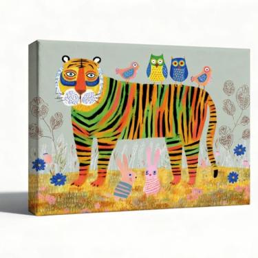 Imagem de Arte em tela de tigre colorido com pássaros - 20 x 25 cm, arte de animal brincalhão para quarto, sala de estar, berçário, escritório e decoração de casa - Arte vibrante da vida selvagem em tela