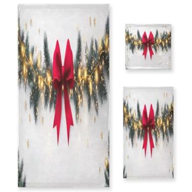Imagem de Wassud Conjunto de 3 toalhas de banho com laço vermelho guirlanda de Natal, toalhas super macias e absorventes para banheiro, toalhas de banho de secagem rápida, toalha de banho para academia, spa
