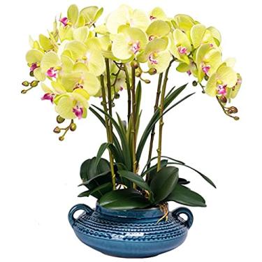 Imagem de LMJYU Conjunto de flores artificiais, orquídeas artificiais Phalaenopsis, flores de orquídeas falsas com vaso de cerâmica, plantas em vaso, conjunto de orquídeas artificiais borboleta para casa verde