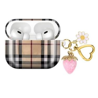Imagem de Capa de fone de ouvido sem fio compatível com AirPod PRO 3 2025 à prova de choque e poeira com um lindo pingente de chaveiro de morango adequado para mulheres (morangos rosa xadrez)
