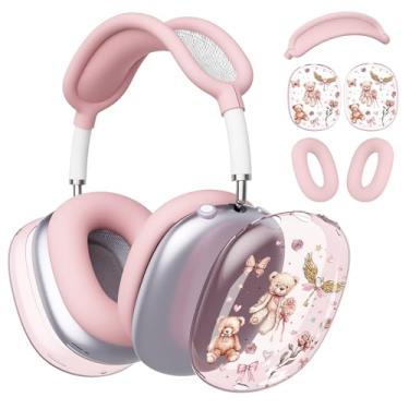 Imagem de BlHMCASE Capa de fone de ouvido para AirPods Max, fofo kawaii, urso floral, laço transparente, capa de silicone rosa para fones de ouvido para Apple AirPods Max