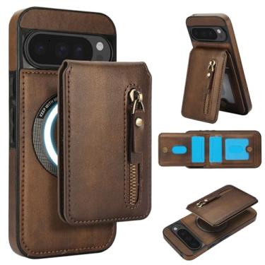 Imagem de Carteira removível compatível com carregamento sem fio Magsafe para Google Pixel 10, capa com suporte para cartão, bolso com zíper, suporte 2 em 1 à prova de choque (marrom)