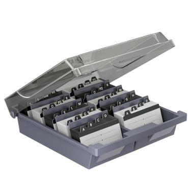 Imagem de Uniclife Porta-cartões de visita para mesa, organizador de cartões de visita de plástico grande com divisórias de tampa e abas de índice A-Z, porta-cartões de visita de mesa, caixa de armazenamento de