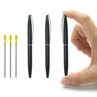Imagem de YEEMO Conjunto de mini canetas esferográficas de metal – 3 canetas compactas de bolso com bolsa de couro e 3 recargas, escrita suave de tinta preta de 0,7 mm, canetas vintage finas para negócios