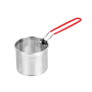 Imagem de CALLARON Cesto de fritura de aço inoxidável redondo de malha de arame francês cestas de fritura para servir rede de alimentos talheres de mesa com alça para cozinha, fritar, macarrão, espaguete, 12 cm
