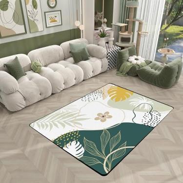 Imagem de Tapete verde sálvia, lindos tapetes de flores para sala de estar | Tapete de área grande com círculo boho, 12 x 18 cm, lavável, antiderrapante, redondo, folha botânica, abstrato, tapete para sala de