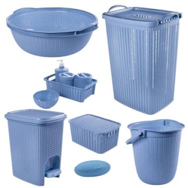 Imagem de Kit 7 Peças Cesto de roupas Bebê Trama Plasútil Bacia Balde Lixeira Kit Higiene Infantil (Azul)