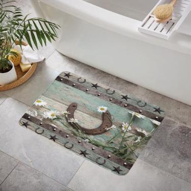 Imagem de YOZSLGU Tapete de banho rústico ferradura ocidental margarida floral azul-petróleo placa de madeira retrô espuma de memória tapete de cozinha para banheiro, 19,8 x 81,5 polegadas
