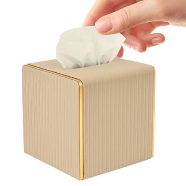 Imagem de Capa para caixa de lenços, suporte de caixa de lenços quadrado de couro elegante com design de borda embrulhada em metal, caixas decorativas dispensadoras de lenços, moderno e simples para banheiro
