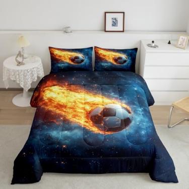 Imagem de Jogo de cama Queen, conjunto de edredom reversível para meninos e homens, jogo de cama reversível com chamas de futebol 3D realista, conjunto de colcha de 3 peças, inserção de edredom tie dye retrô