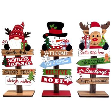 Imagem de 3 peças de decoração de mesa de placa de Natal - decoração de mesa de gnomo de madeira, boneco de neve e rena com temas do polo norte para bandeja em camadas de fazenda, mesa, cornija, prateleira e